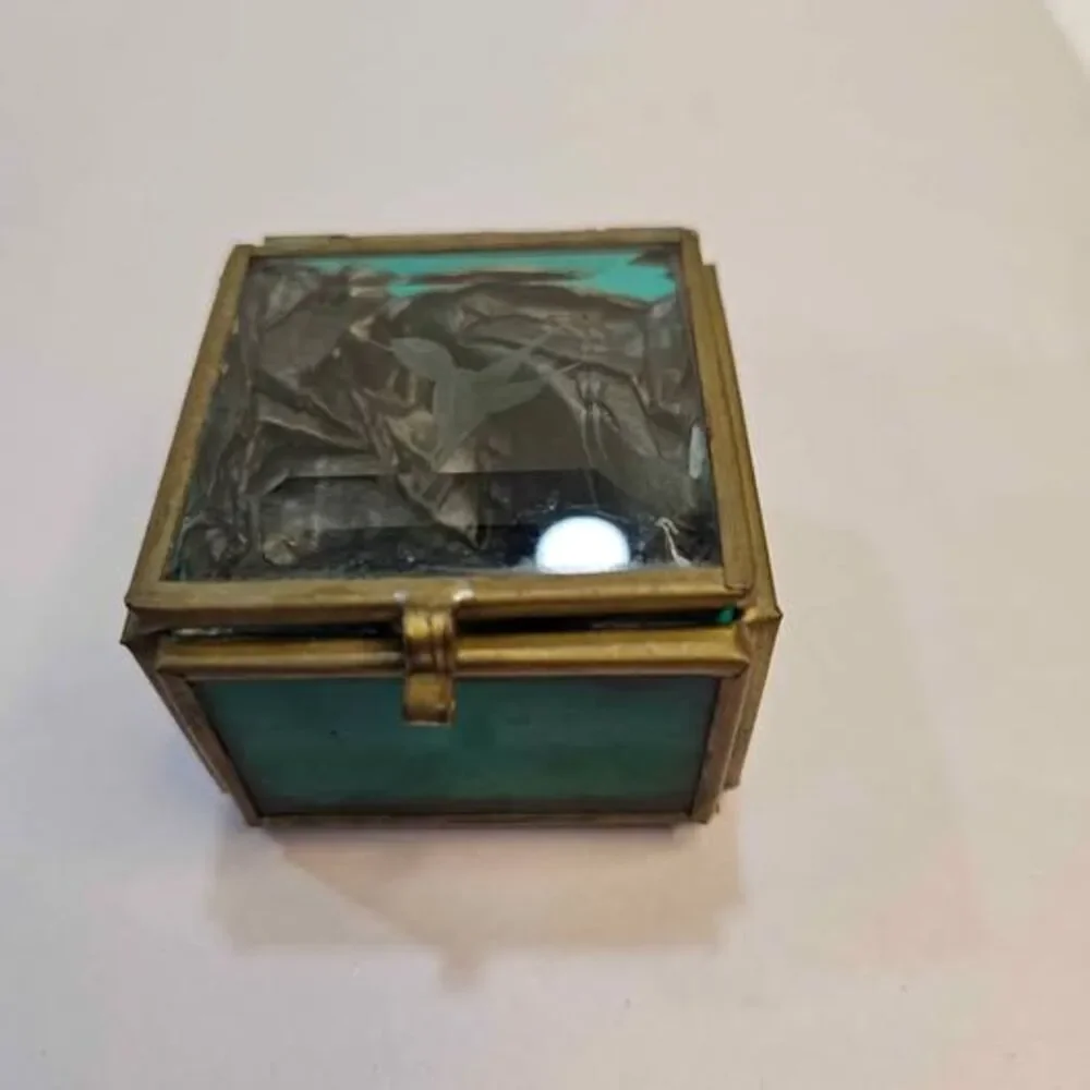 Vintage Brass Green Glass Trinket Box